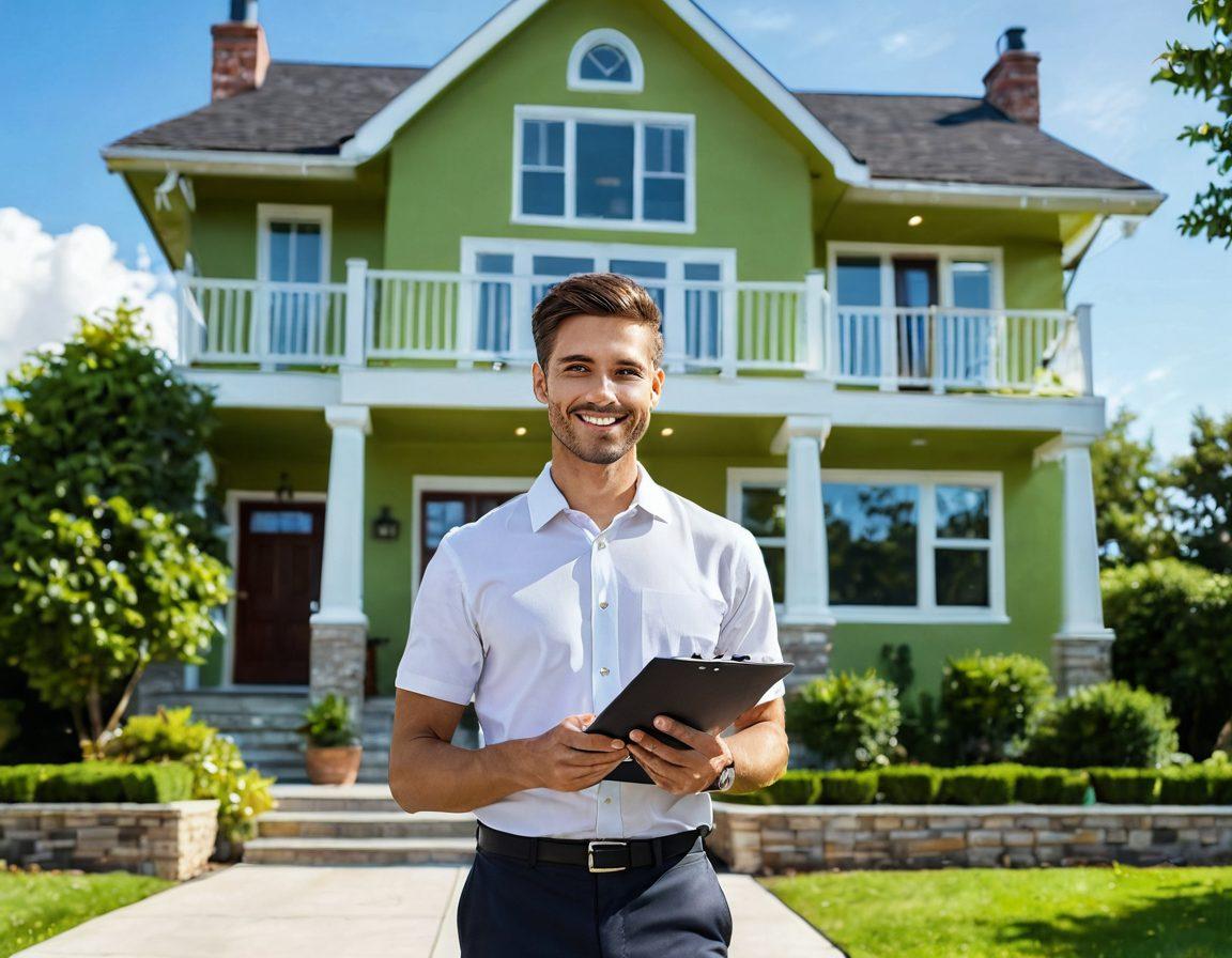 A confident person standing in front of a large house, holding a clipboard with mortgage documents. The background features a clear blue sky and vibrant green landscaping, symbolizing the journey of homeownership. Include visual elements representing key mortgage terms like 'application,' 'interest rates,' and 'amortization' floating around. The scene should radiate clarity and empowerment, with a modern, clean design. super-realistic. vibrant colors. white background.