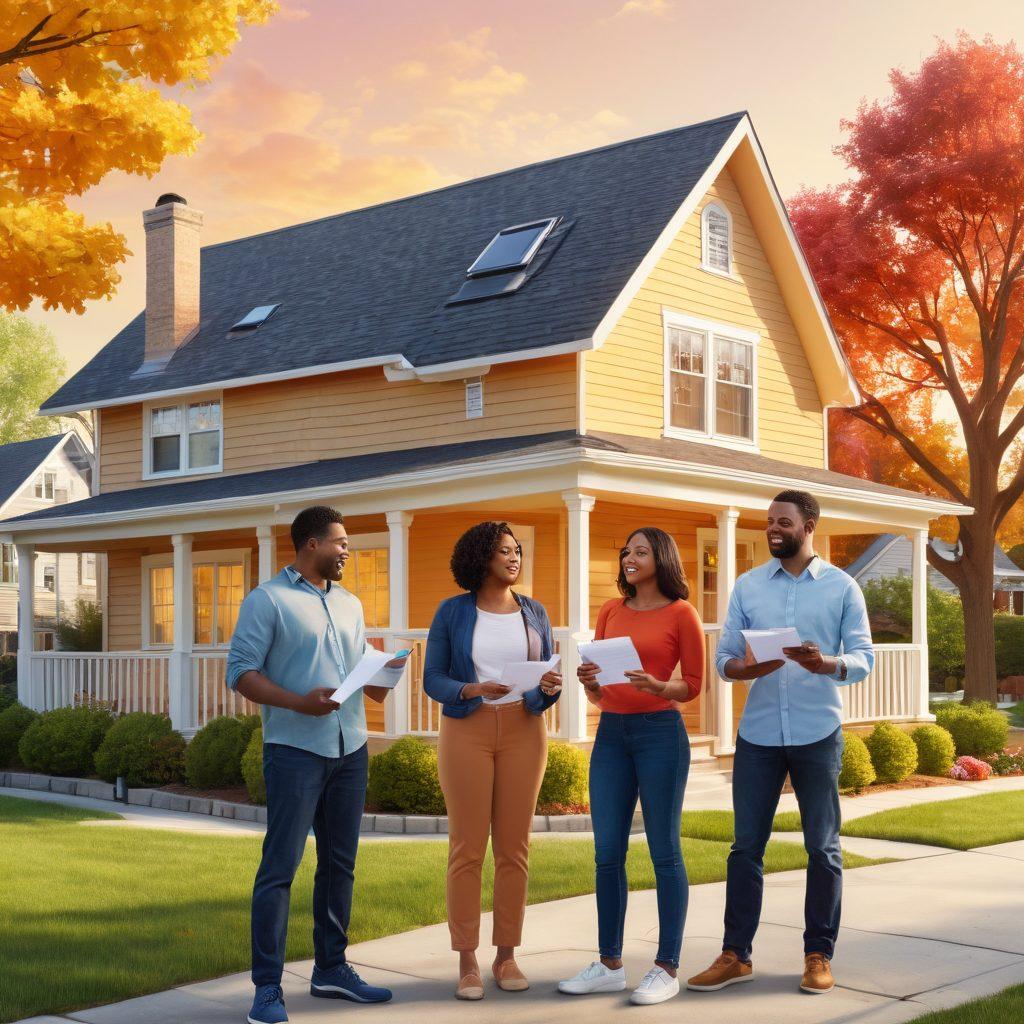 An inviting illustration of a diverse group of first-time homebuyers standing proudly in front of a cozy house, holding essential financial tools like calculators and mortgage documents. The background features a sunlit neighborhood with trees and homes, symbolizing community and support. Include graphical elements like digital charts and financial icons floating around, representing financial empowerment. Warm and uplifting color palette. super-realistic. vibrant colors. 3D.