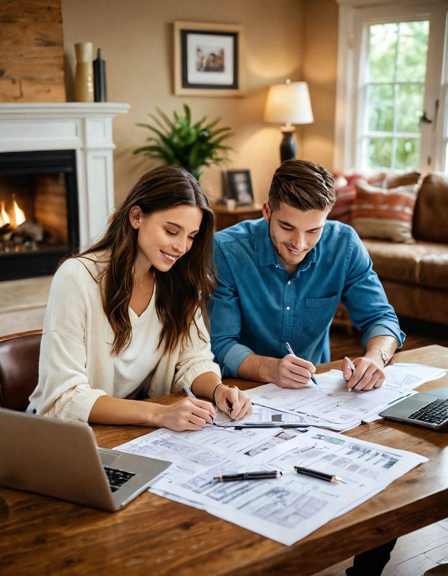A cozy living room scene featuring a young couple reviewing mortgage papers at a coffee table, surrounded by tools like a calculator, house blueprints, and a laptop with a mortgage calculator displayed. The atmosphere is warm and inviting, symbolizing the journey of home buying. Soft lighting and a welcoming color palette evoke a sense of hope and excitement for first-time home buyers. super-realistic. vibrant colors. warm tones.